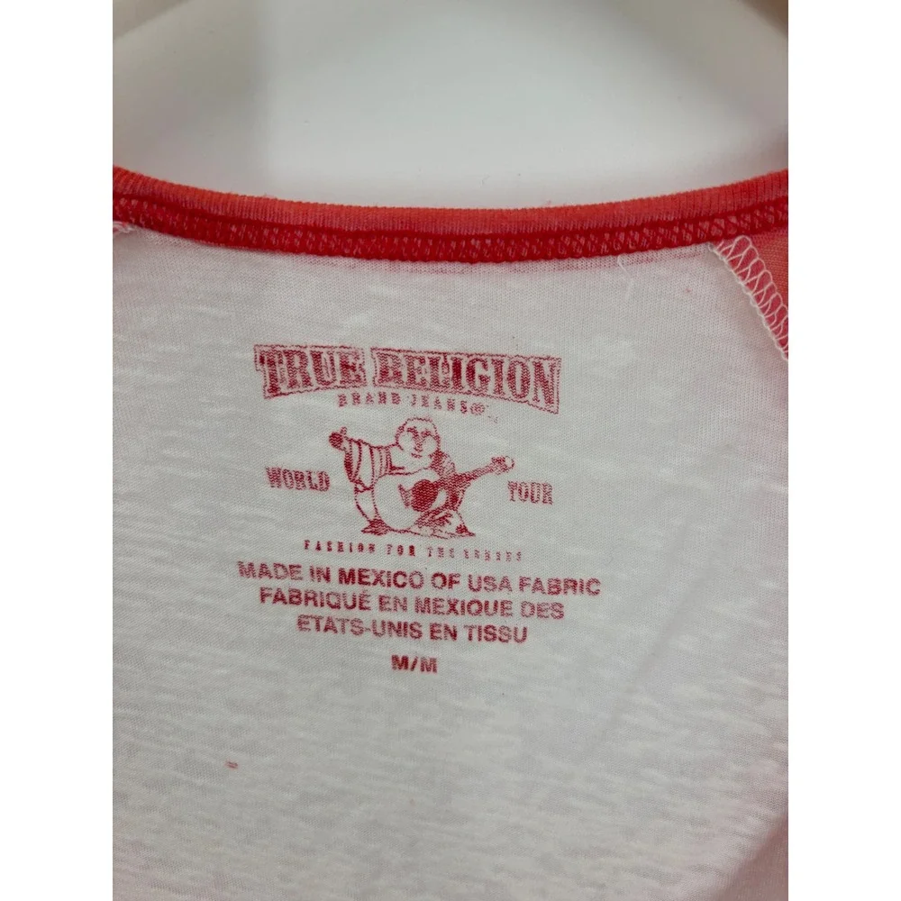 True Religion Womens Red White Rhinestone Logo Raglan 3/4 Sleeve Top M NWOT
